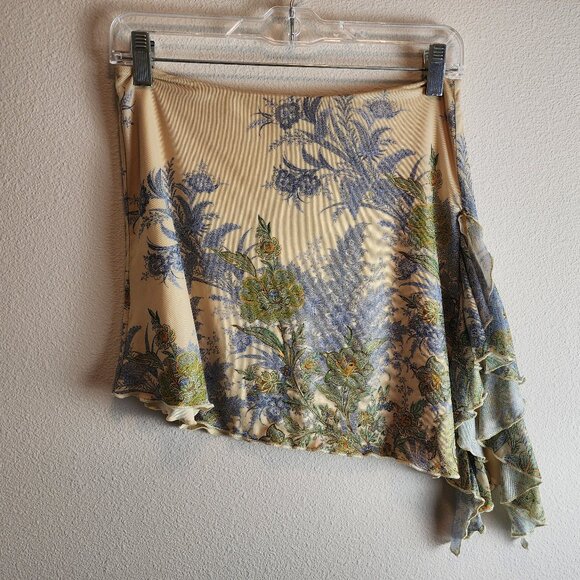 TIGER MIST ELLIE Mini Skirt asymmetrical ruffle side slit floral butter yellow S - Picture 6 of 12